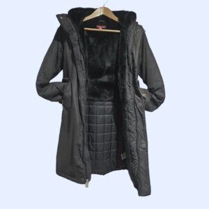 Black Mid Length Parka Coat with Interior Fur Lining